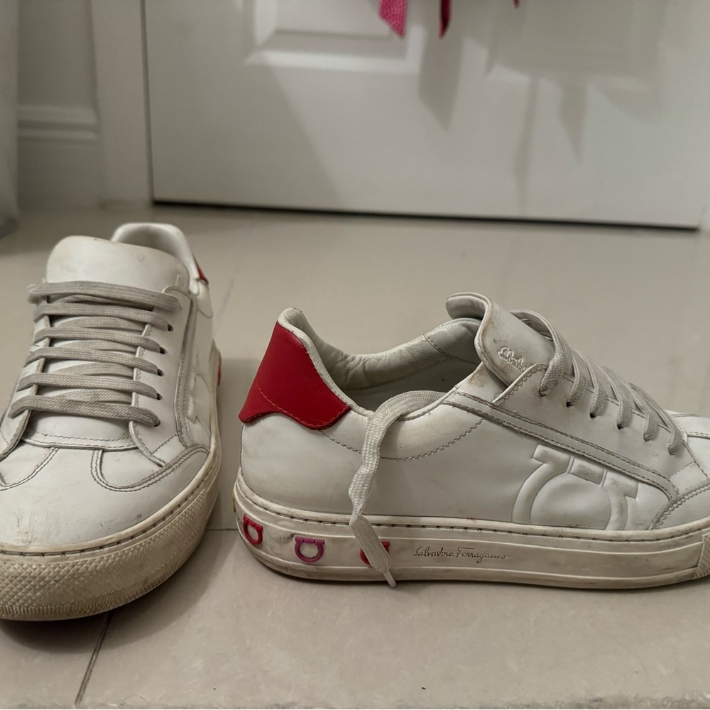 Salvatore Ferragamo Leather White and Red Sneakers